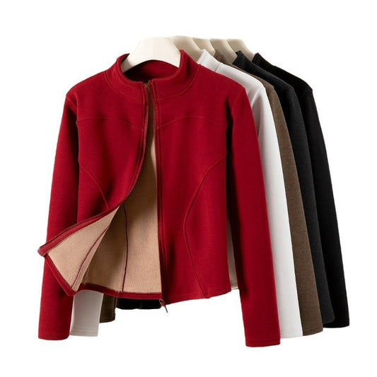 Stand Collar Short Coat Cashmere Hoodie Women Plus Velvet Thickening