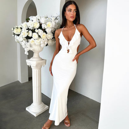 Hot Girl Close-fitting And Slim-fitting Pure Color Halter Sling Dress