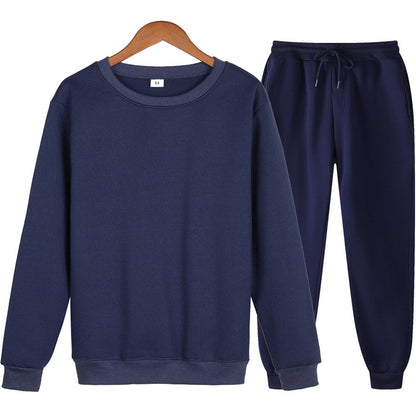 Solid Color Loose Trendy Round Neck Autumn Winter Sweater Suit Men