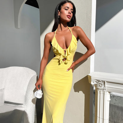 Hot Girl Close-fitting And Slim-fitting Pure Color Halter Sling Dress