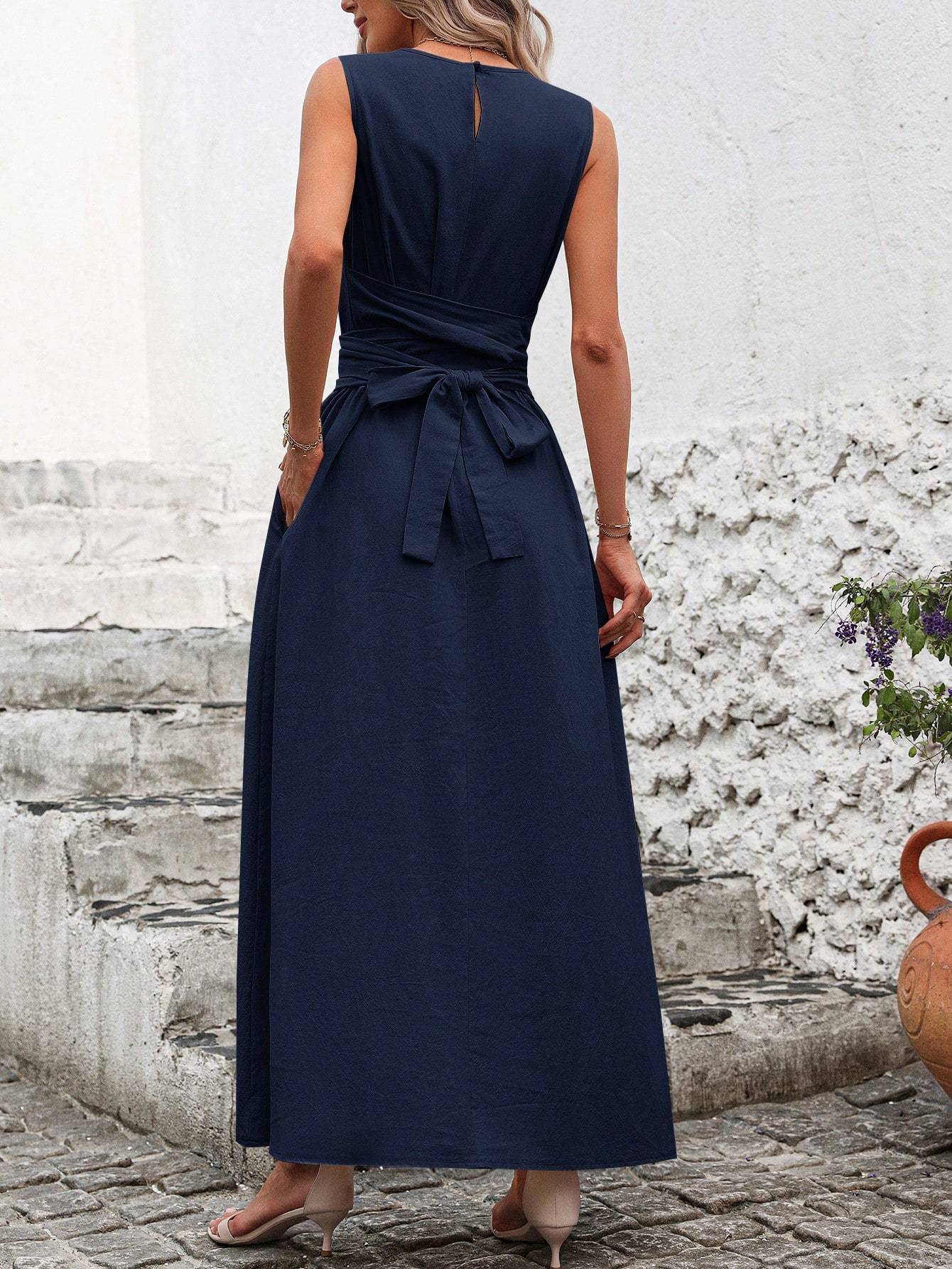 Women's Casual Solid Color Round Neck Twist Waist Sleeveless Loose Commuter Dress